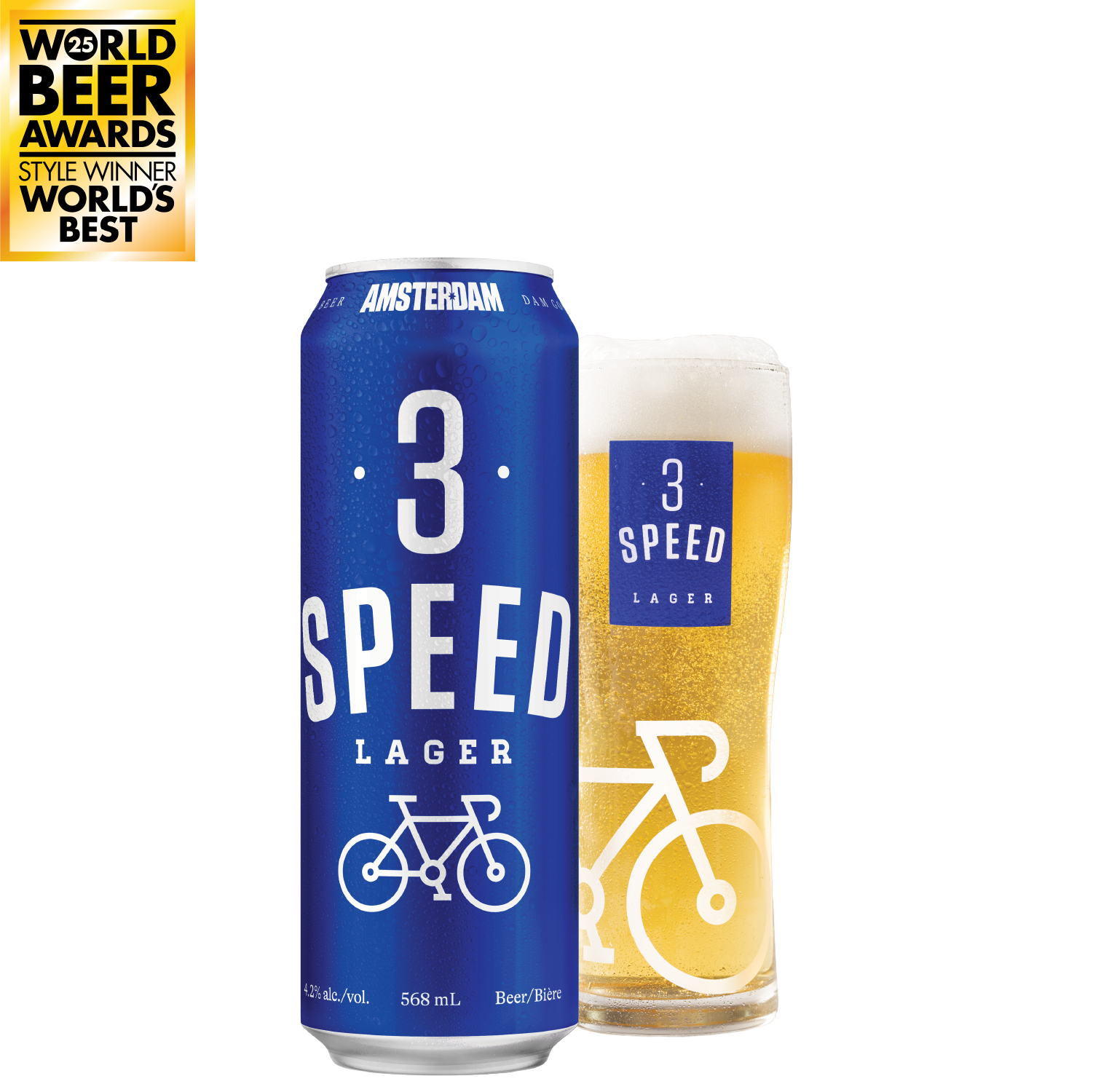 3 Speed Lager can and glass with a 'World Beer Awards Style Winner World's Best' text on a golden background.